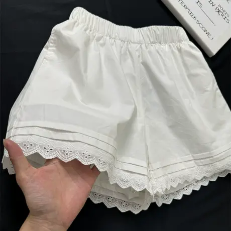 白色阔腿休闲短裤女夏季居家外穿宽松高腰蕾丝花边运动沙滩热裤潮图片