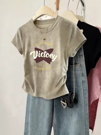 夏季大码圆领短袖t恤女2024新款胖mm修身显瘦扎染短款收腰上衣潮商品大图