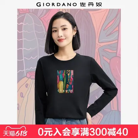 佐丹奴联名T恤女新款纯棉复古趣味仙人掌印花长袖打底衫99394480图片