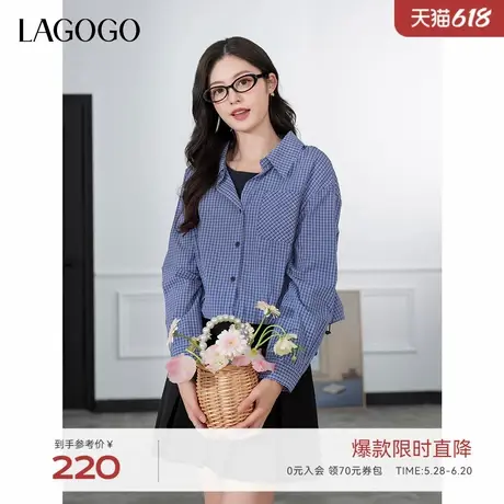 LAGOGO落肩假两件格子衬衫女拉谷谷2025年春季新款舒适通勤上衣商品大图
