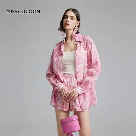 COCOON可可尼商场同款夏季玫粉色龟背叶印花图案大廓形衬衫女商品大图
