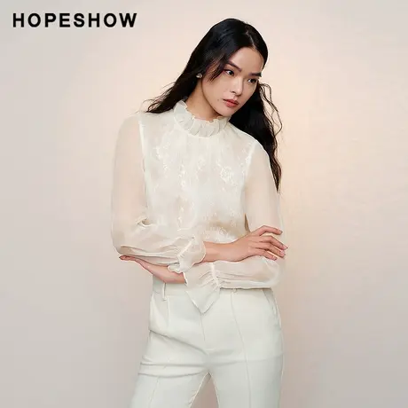 红袖春季新款女装桑蚕丝微透正肩木耳边领套头上衣商品大图