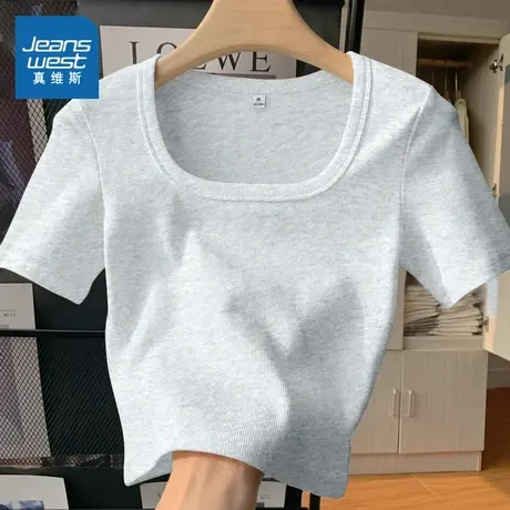 KMV真维斯方领短袖t恤2025新款夏季正肩修身显瘦短款休闲女士上衣商品大图