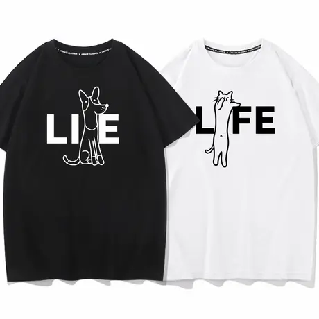 特别的情侣装夏季猫狗趣味印花短袖T恤男女潮牌宽松情侣百搭半袖图片