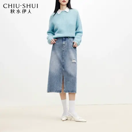 秋水伊人高腰半身牛仔裙秋季新款女装开叉磨毛简约高级感伞裙图片
