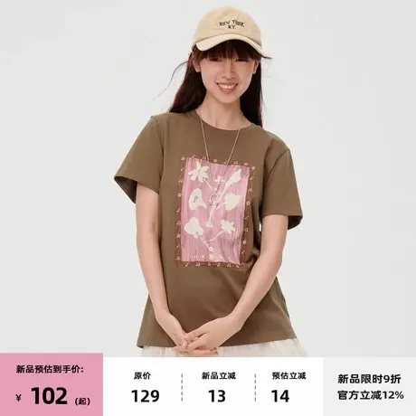 【7/08 20点新品9折】omont蛋挞家复古花朵印花圆领宽松短袖T恤女图片