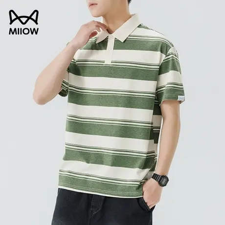 猫人美式休闲Polo衫男重磅条纹短袖T恤2025夏季新款宽松翻领上衣图片