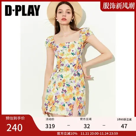 DPLAY夏新法式度假风初夏繁花方领泡泡袖侧开衩印花连衣裙图片