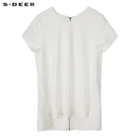 sdeer圣迪奥2019夏装潮前短后长拉链开叉短袖白色T恤女S17280192图片