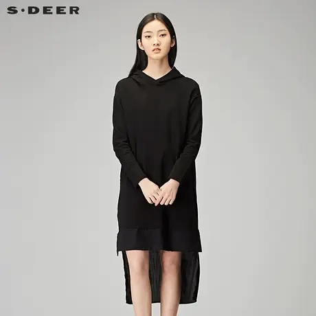 sdeer圣迪奥秋装连帽开衩底摆拼接长袖卫衣T恤女装S18180209图片