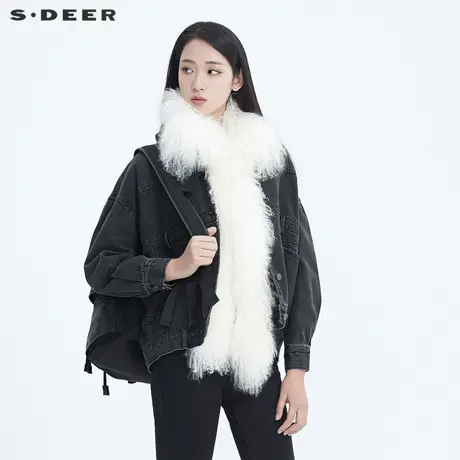 sdeer圣迪奥冬季毛领字母绣花拼接背心两件套牛仔夹克女S19482206图片