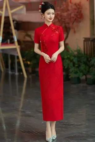 2025款红色外嫁女回娘家回门装短袖中式礼仪迎宾颁奖新娘旗袍礼服商品大图
