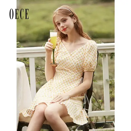 Oece夏装新款女装 小碎花仙气复古小方领泡泡袖减龄连衣裙商品大图