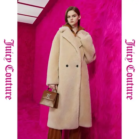 Juicy Couture橘滋春夏新款泰迪熊中长外套100%绵羊毛毛绒大衣女图片