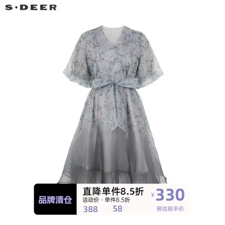 sdeer圣迪奥女装V领碎花收腰网纱泡泡袖连衣裙S223Z12F7⛸商品大图