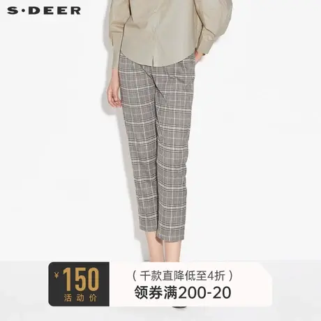 sdeer圣迪奥秋装复古格纹腰带压褶休闲九分裤女S21360823图片
