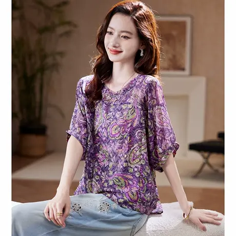 宝诗黎【新品价158元】圆领蝙蝠袖印花雪纺衫CCB2051商品大图