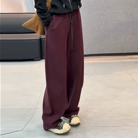 秋季新款松紧腰系带弯刀卫裤女高腰直筒休闲阔腿运动裤韩系长裤子商品大图