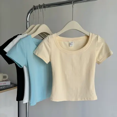 小个子短款短袖T恤女夏季2025新款修身韩版U领正肩半袖上衣ins潮商品大图