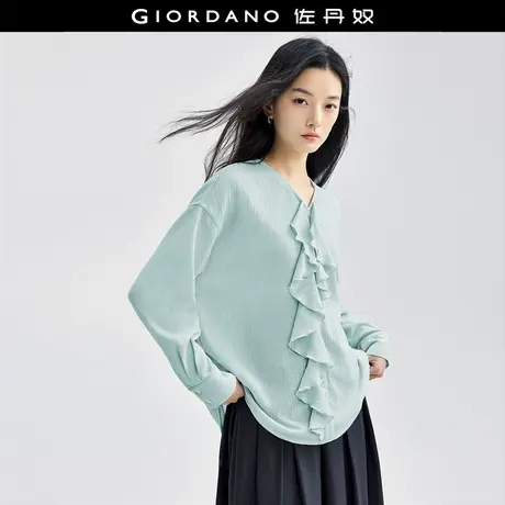 佐丹奴衬衫女装拼接荷叶边V领肌理梭织长袖衬衫 18344803商品大图
