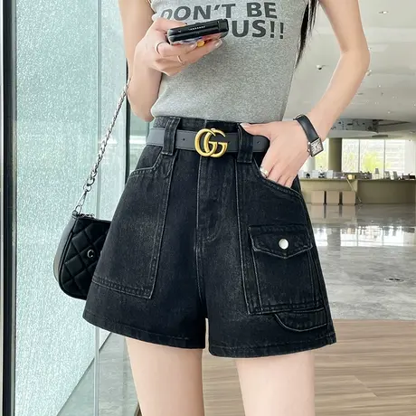 黑色高腰工装牛仔短裤女夏季薄款宽松显瘦遮胯小个子直筒阔腿热裤商品大图