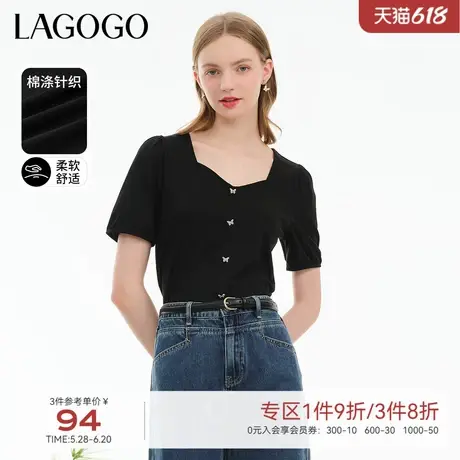 LAGOGO黑色法式泡泡袖T恤女拉谷谷夏季新款短袖设计感透气上衣商品大图