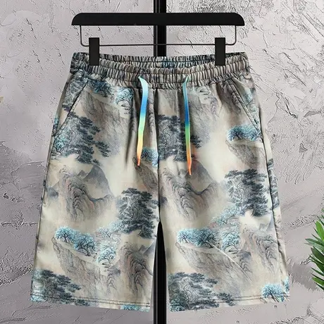 水墨感短裤男士夏季冰丝凉感五分休闲裤子男青少年痞帅印花大裤衩商品大图
