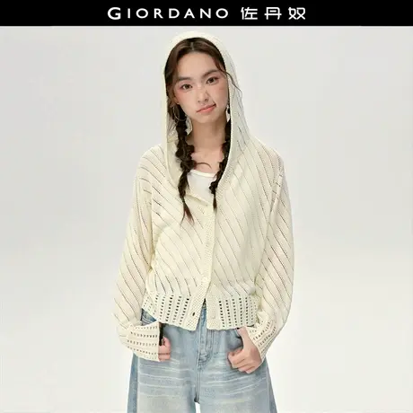 设计师款佐丹奴针织衫女新款镂空长袖连帽短款针织开衫女18355809商品大图