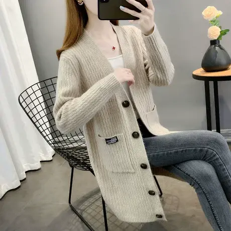 2022年秋装新款中长款纯色V领毛衣外套女针织开衫女秋冬宽松显瘦图片