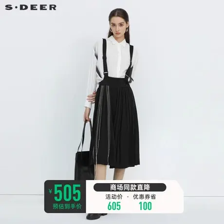 sdeer圣迪奥夏季女装学院风撞色绣线黑色百褶背带长裙S22281133🛳商品大图