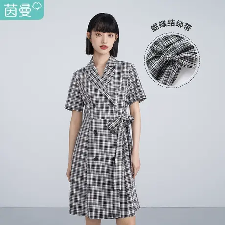 茵曼法式女2023年春季新款西装式黑白格收腰蝴蝶结时尚显瘦连衣裙商品大图