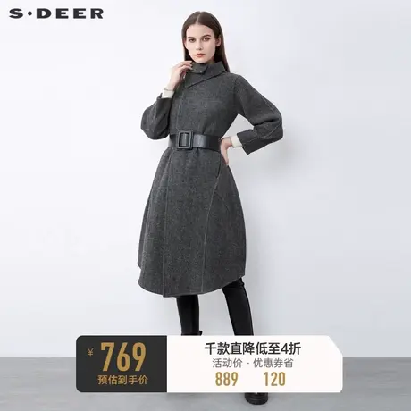 sdeer圣迪奥立领收腰暗条纹拼接毛呢大衣外套女S21481810🦖商品大图