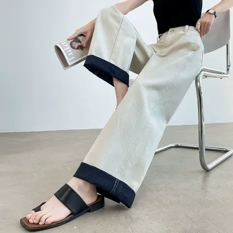 撞色翻边阔腿牛仔裤女夏季2025新款高腰垂感宽松显瘦小个子直筒裤商品大图