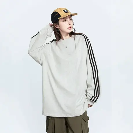 美式复古条纹长袖T恤女春秋2025新款宽松插肩袖套头纯色百搭上衣图片