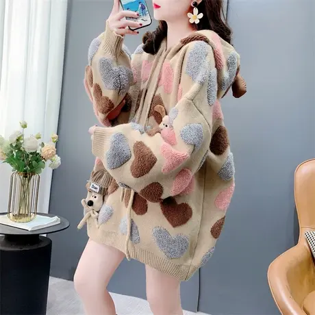 慵懒风可爱减龄爱心提花连帽毛衣女秋冬2024新款宽松加厚针织外套图片
