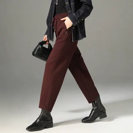 红色加绒哈伦裤女冬季新款高腰加厚休闲裤子女秋冬毛呢九分萝卜裤商品大图