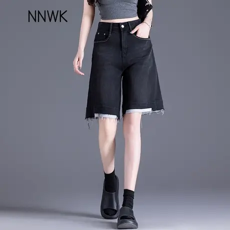 毛边拼接牛仔短裤女夏季2025新款薄款高腰宽松直筒阔腿裤五分中裤商品大图