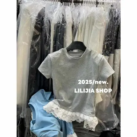 韩国东大门夏季新款甜美蕾丝花边短袖T恤女芭蕾风叠穿正肩上衣ins商品大图