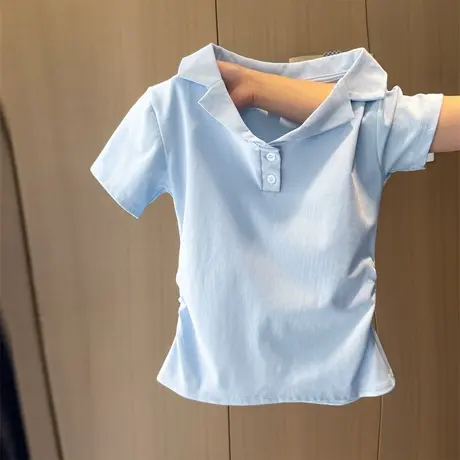 Polo翻领短袖T恤女夏季修身内搭韩版打底衫短款正肩V领半袖上衣潮图片