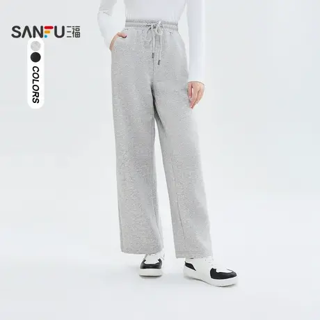 三福休闲裤2025新款秋季松紧腰高腰宽松直筒长裤针织黑色裤子女装商品大图