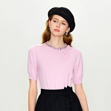 可可尼COCOON 商场同款春季钉钻装饰领蝴蝶结温柔甜美毛织套衫女商品大图