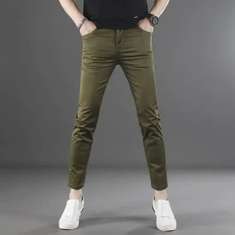 夏季军绿色九分休闲裤子男牛仔裤修身小脚2025新款韩版男士9分裤图片