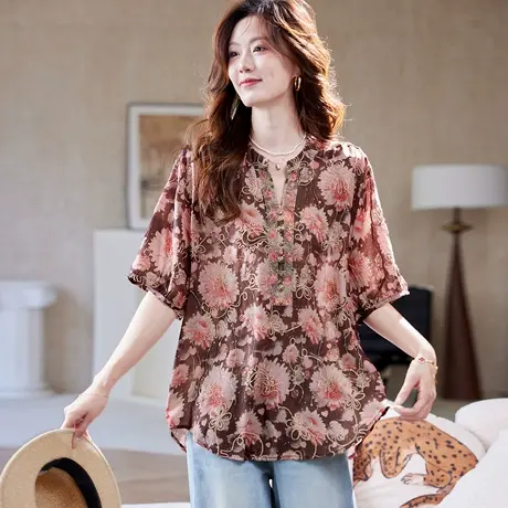 宝诗黎【新品价158元】V领烫钻印花衬衫CG2020图片