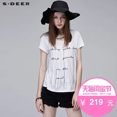 【商场同款】sdeer圣迪奥女装趣味黑白字母绣花留须T恤S17280142图片