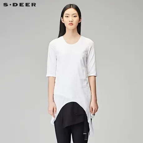 sdeer圣迪奥秋装唯美白色圆领不规则长款中袖T恤女S18180223图片