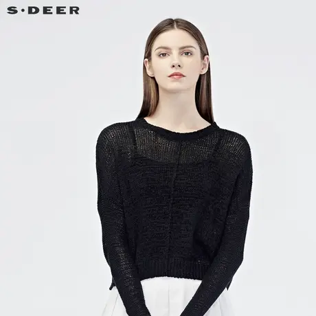 sdeer圣迪奥2019秋装女宽松慵懒纯色收口摆圆领短款针织S19183541图片