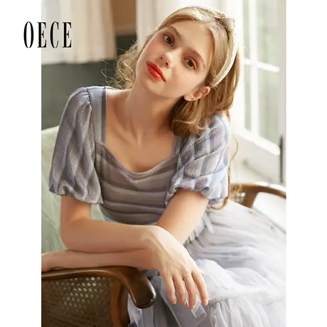 Oece春夏新款女装葡萄紫复古甜蜜法式小方领灯笼袖轻薄上衣商品大图