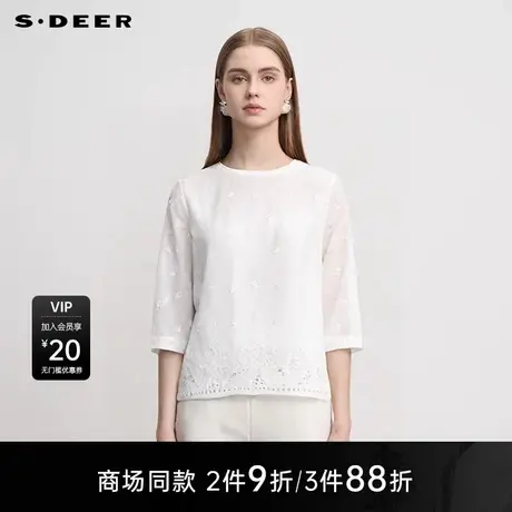 【商场同款】sdeer圣迪奥女田园风圆领绣花宽松短袖T恤S25280109图片