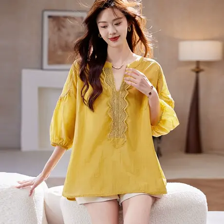 宝诗黎V领蕾丝拼接衬衫女2025夏季宽松大码欧若风休闲通勤衬衣图片