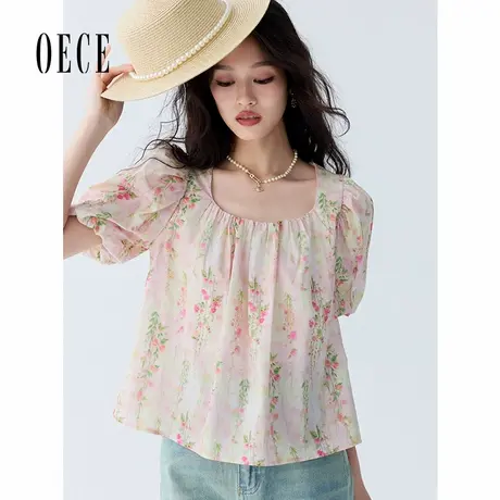 Oece法式泡泡袖甜美碎花小衫夏季新款女百搭宽松方领衬衫上衣商品大图